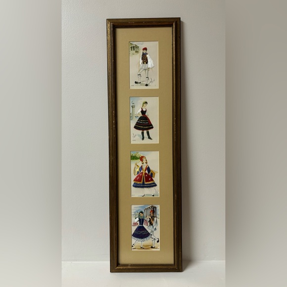 Vintage Greek dance inspired silk embroidered wood framed postcards by Isabel - Picture 1 of 12